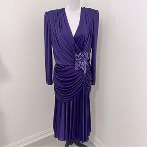 Vintage Abby Kent Women’s Sz 14 Purple Draped Embellished Dress Shoulder Pads